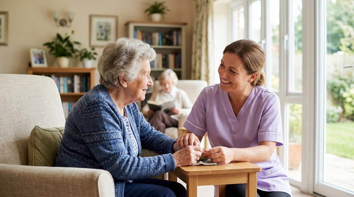 elderly woman with caretaker in assisted living