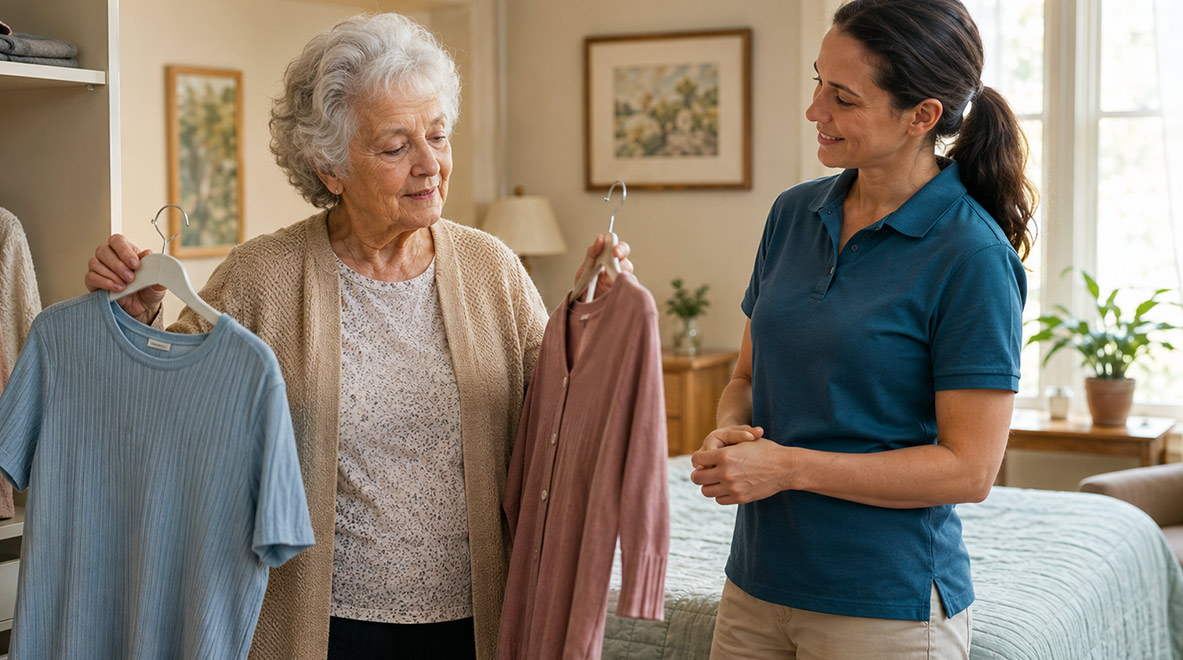 assisted living caretaker with elderly woman
