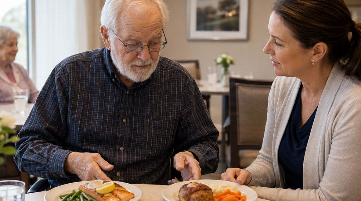 Assisted Living caretaker with elderly man